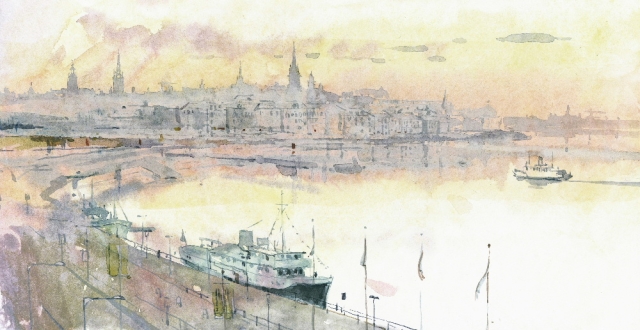 Reproducerad akvarell/giclée - Morgondis över Slussen och Gamla stan